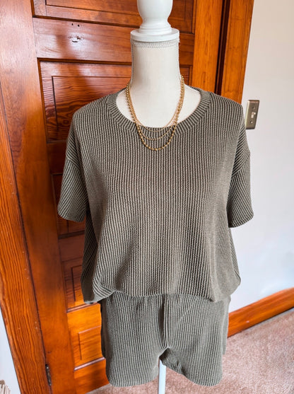 Dark Olive- Corded Rib Tee & Shorts Set