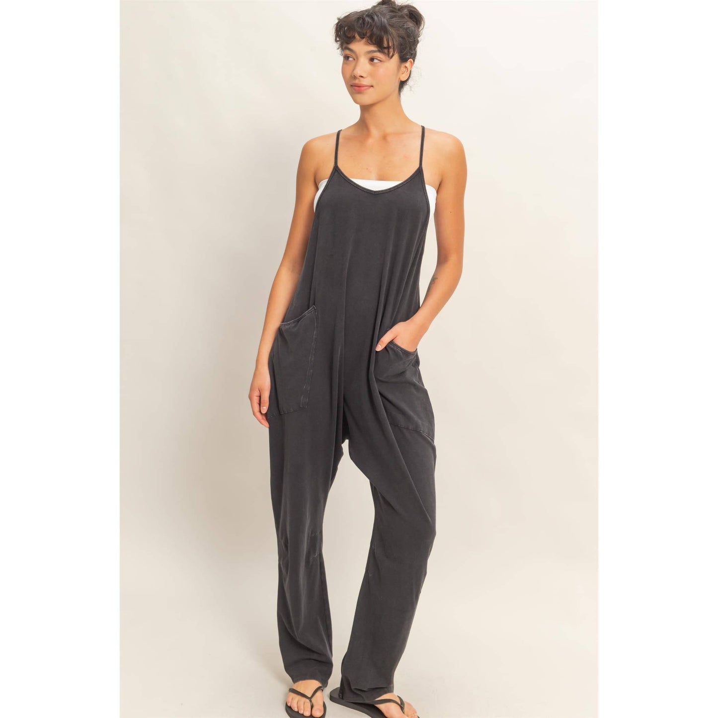 BLACK- Mineral Wash Spaghetti Strap Jumpsuit