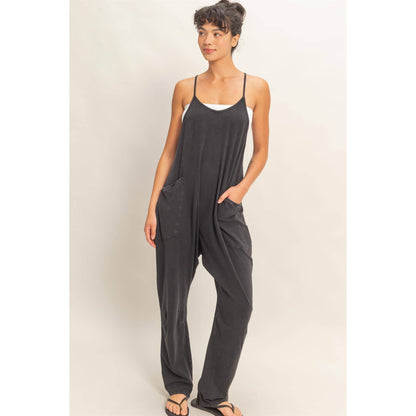 BLACK- Mineral Wash Spaghetti Strap Jumpsuit