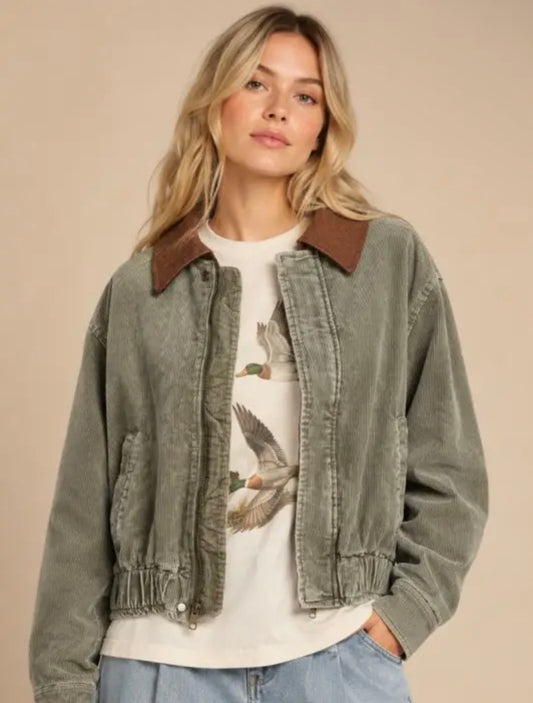 Olive Corduroy Bomber Jacket