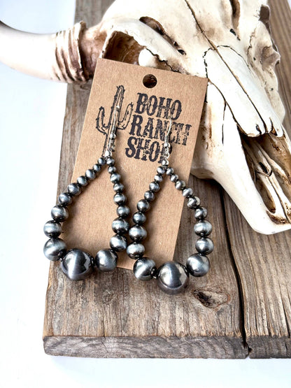 Western Style Navajo Pearl Teardrop Hoop Drop Earrings: SILVER