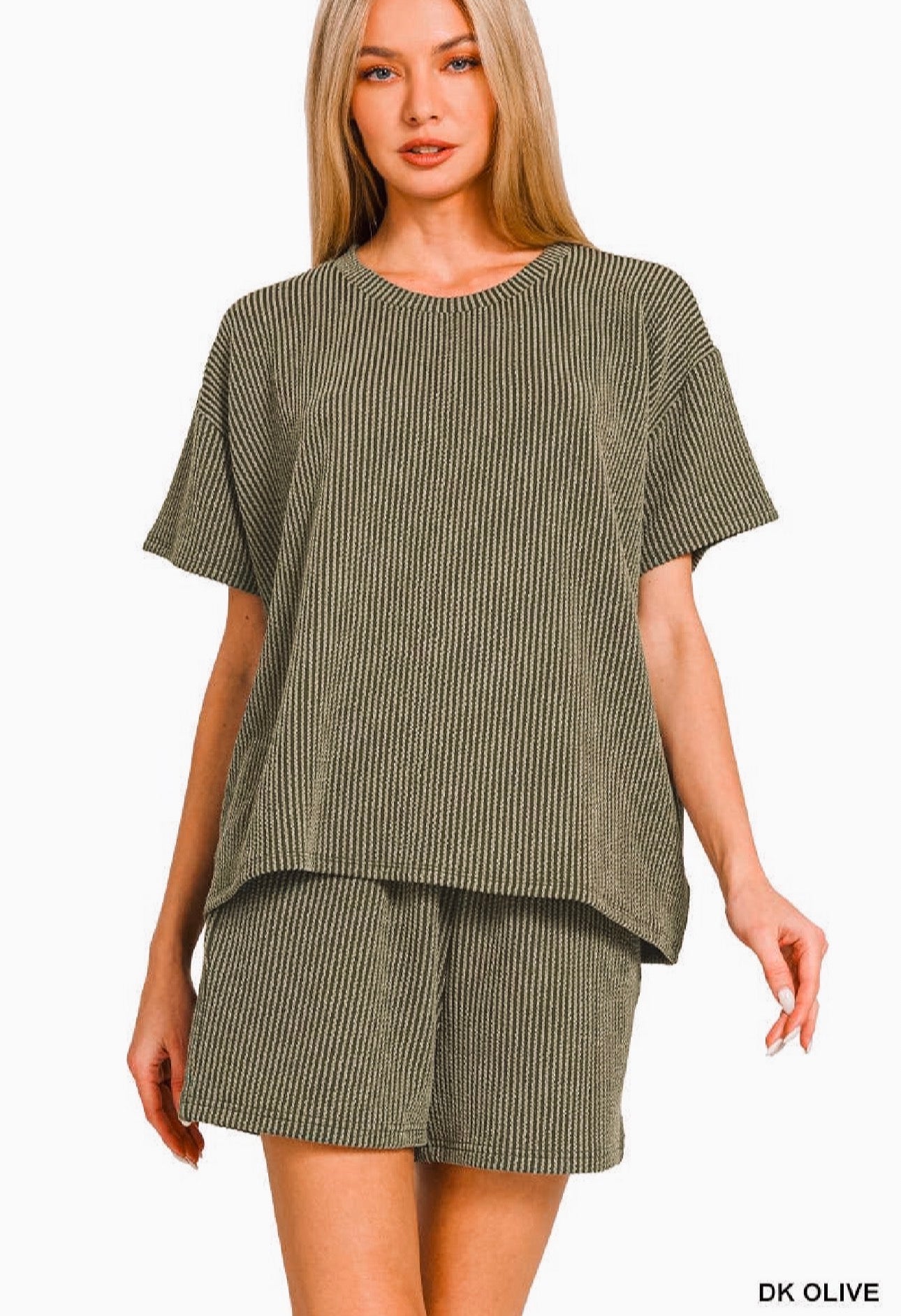 Dark Olive- Corded Rib Tee & Shorts Set